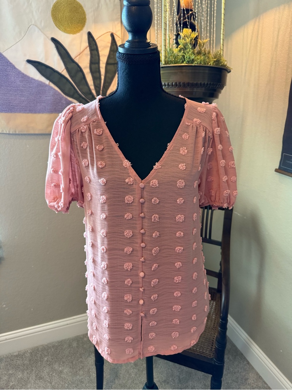 Blu Pepper Rose Pink Textured V-Neck Puff Sleeve Top